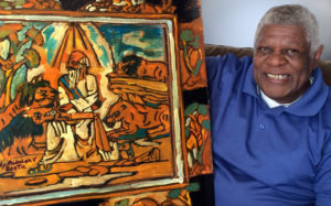 Artist Rudolph Bostic with his painting “In the Lion’s Den”