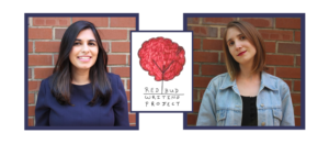 Redbud Writing Project co-founders Arshia Simkin (left) and Emily Cataneo (right) with Redbud logo (center)
