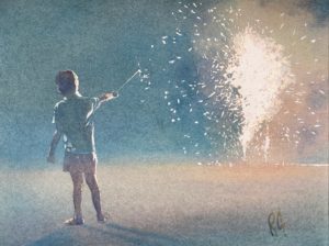 Watercolor painting of a child holding a bright sparkler firework
