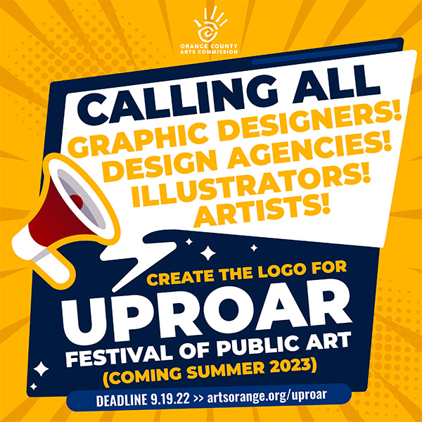 Pop-art graphic announcing call for artists and designers to create a logo for Uproar - a new festival coming Summer 2023.