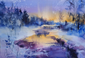 snowy landscape with a river at dusk