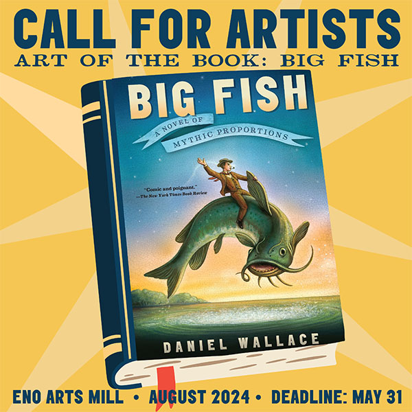 Call for artists featuring Big Fish book cover against yellow background