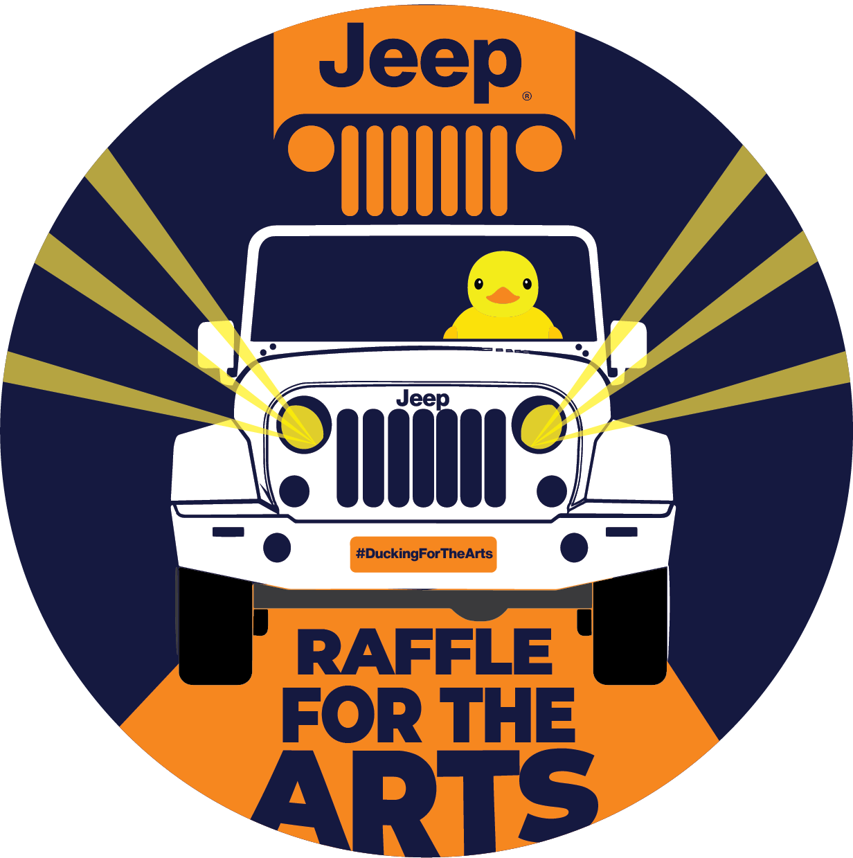 JEEP RAFFLE LOGO FEATURING A YELLOW DUCK DRIVING A WHITE JEEP WRANGLER