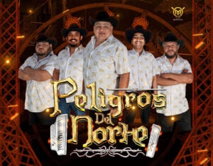 5 band members posing for portrait in black cowboy hats with band logo